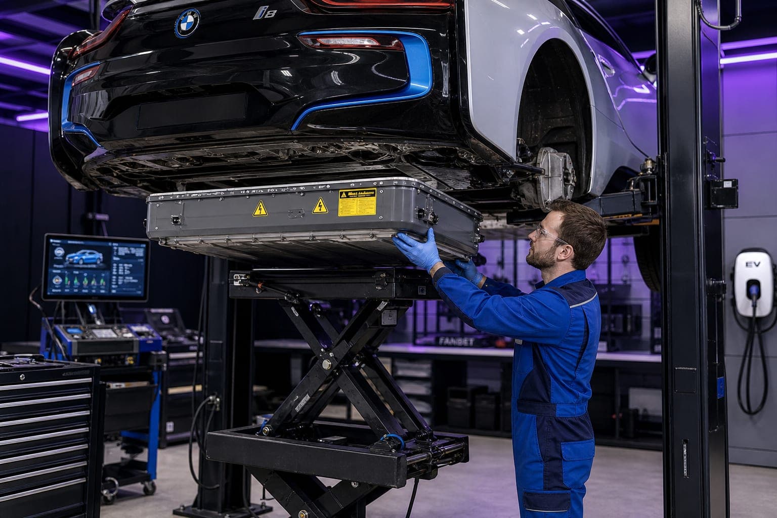 Technician servicing a hybrid EV battery pack on the hoist