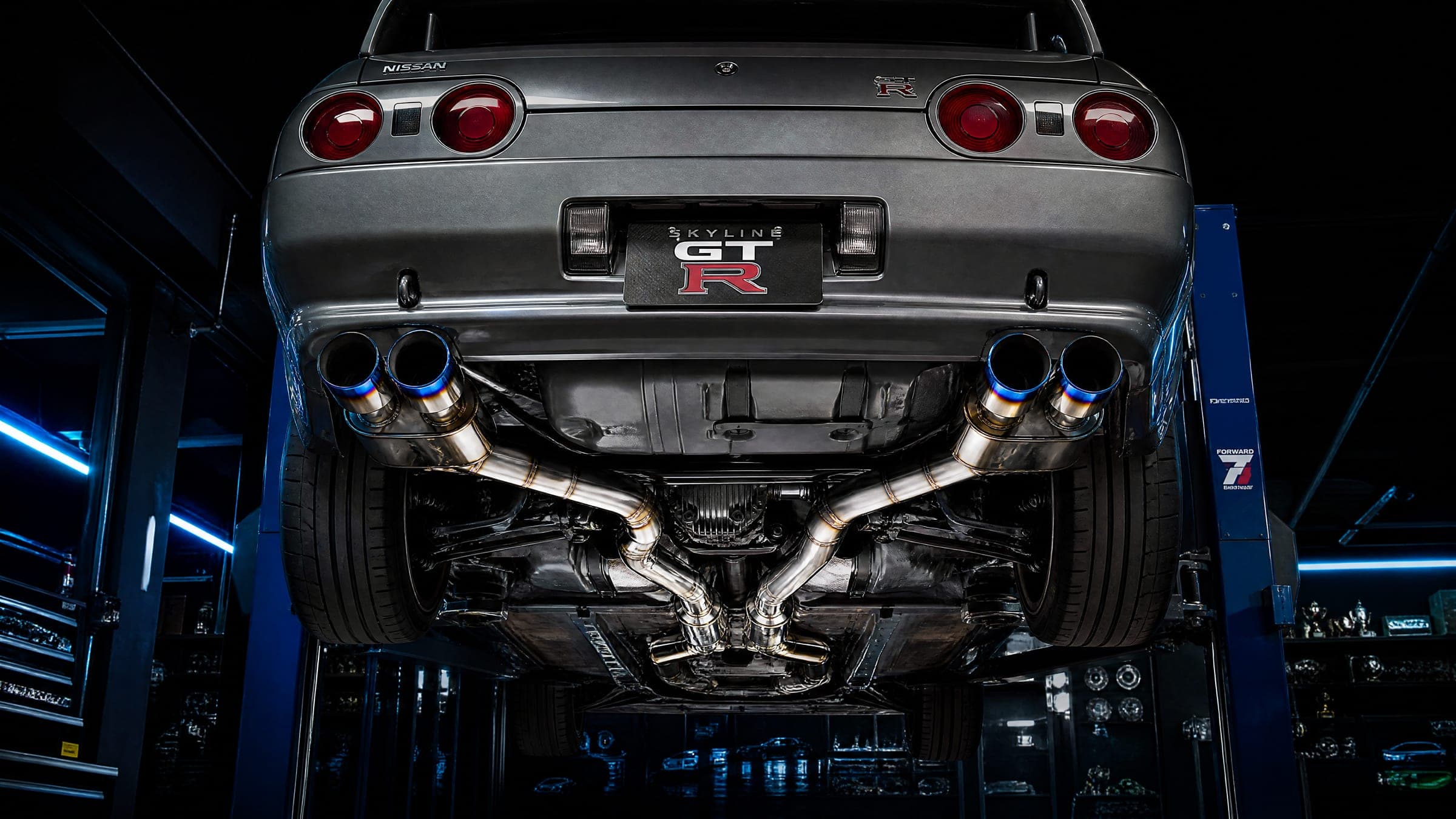 Performance exhaust system fitted to a GT-R